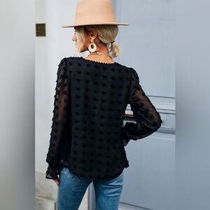 Liumilac Women's Swiss Dot Long Sleeve Chiffon Blouse Sheer Mesh Overlay Black S